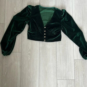 [XS]Green Velvet Cropped Retro LS Blouse